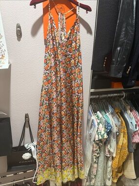Rebecca Taylor Orange Floral Slip Maxi Dress with Yellow Hem